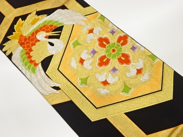 亀甲に華紋・鳥模様織出し袋帯